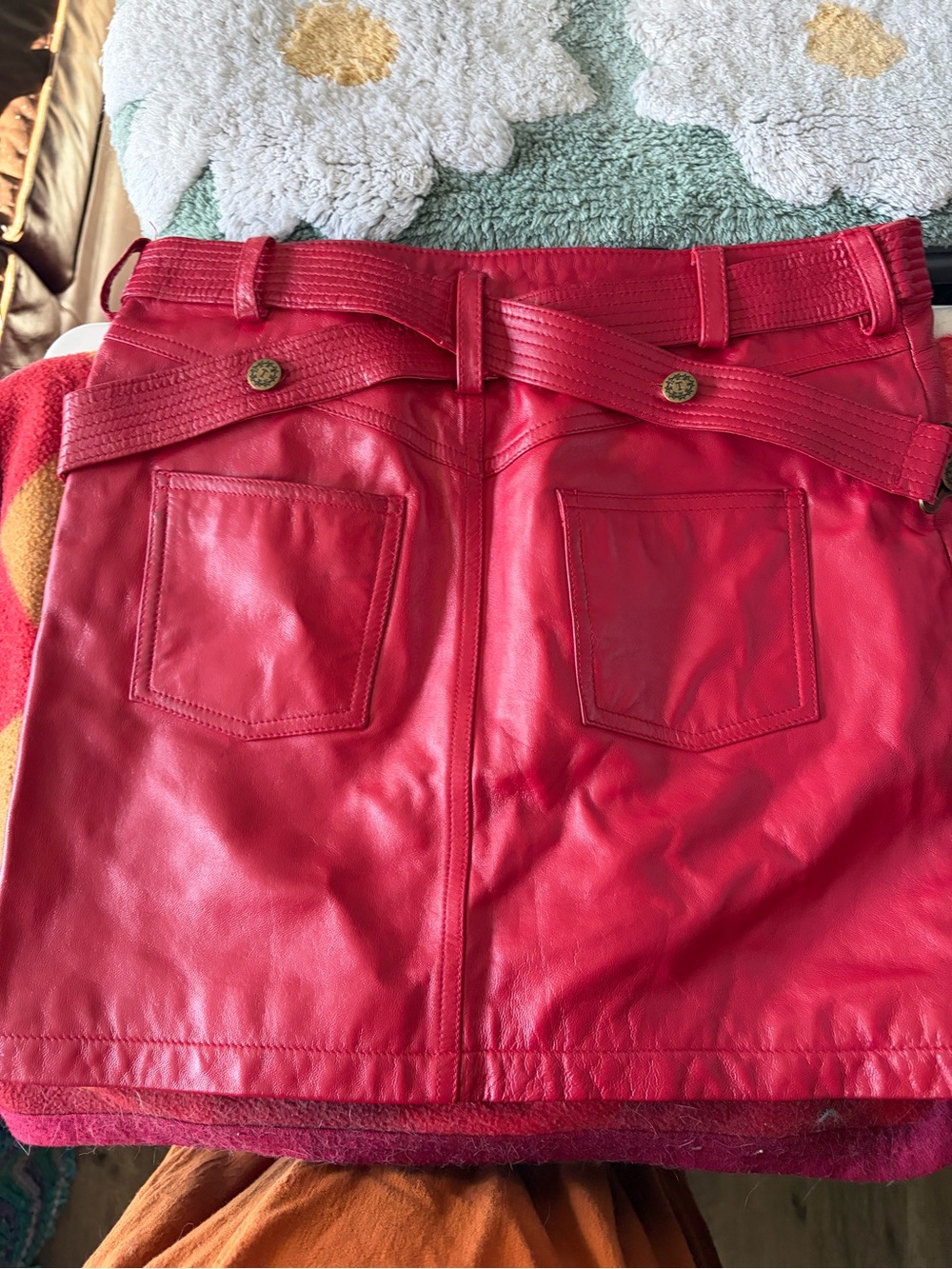 Red leather, mini skirt, great condition size 5/6 fully lined.